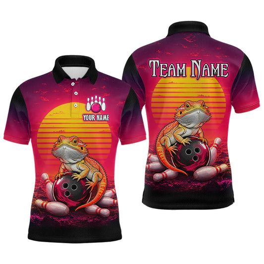 Maxcorners Custom Retro Sunset Funny Bearded Dragon Bowling Shirt for Men Bowling Team Shirts LM2405