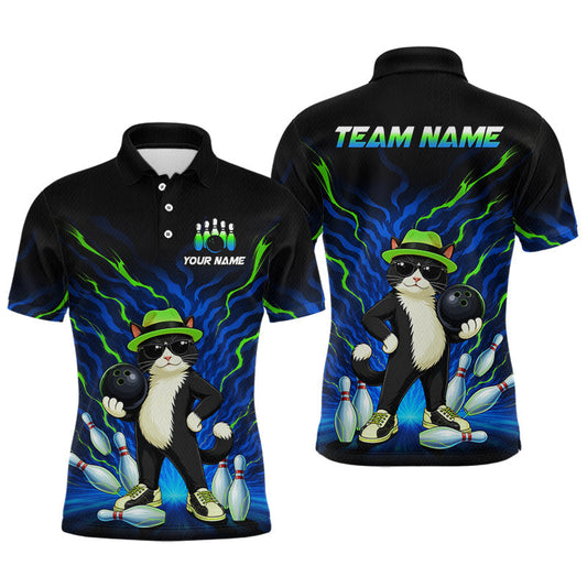 Maxcorners Custom Neon Green Funny Cat Bowling Jersey for Men Bowling Team Shirts Bowling League