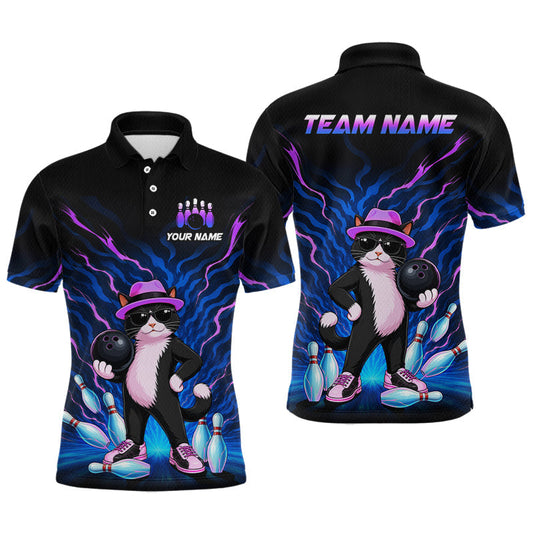 Maxcorners Custom Neon Purple Funny Cat Bowling Jersey for Men Bowling Team Shirts Bowling League