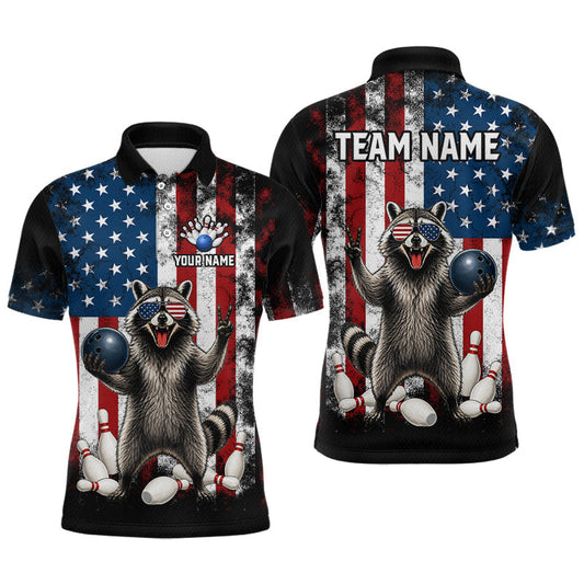Maxcorners Custom US Flag Raccoon Bowling Shirt for Men Bowling Team Shirts Bowling League