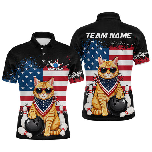 Maxcorners Custom Black US Flag Cat Bowling Shirt for Men Bowling Team Shirts Bowling Tournament