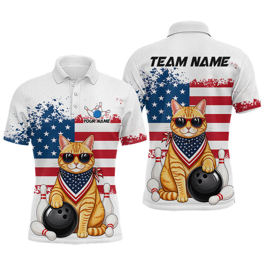 Maxcorners Custom White US Flag Cat Bowling Shirt for Men Bowling Team Shirts Bowling Tournament