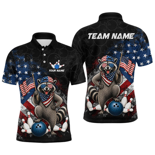 Maxcorners Custom Black US Flag Raccoon Bowling Shirt for Men Bowling Team Shirts Bowling League