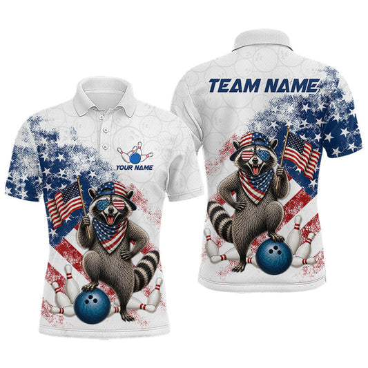 Maxcorners Custom White US Flag Raccoon Bowling Shirt for Men Bowling Team Shirts Bowling League