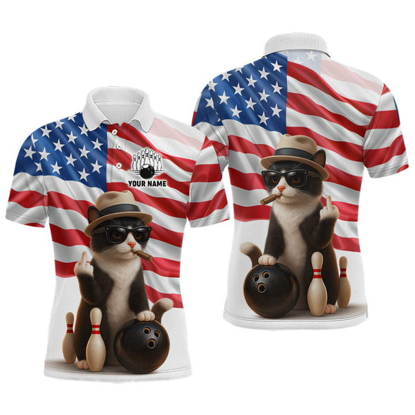 Maxcorners Custom US Flag Funny Cat Bowling Jersey for Men Bowling Uniform Bowling Team Shirts LM2509
