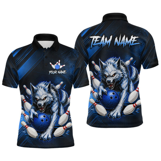 Maxcorners Wolf Bowling Shirts for Men Custom Blue Wolf Bowling Team Jersey Bowling League LM2704