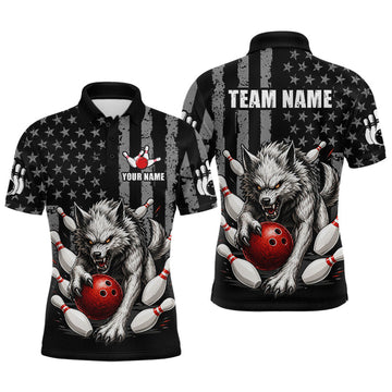 Maxcorners US Flag Wolf Bowling Shirts for Men Custom Wolf Bowling Team Jersey Bowling League LM2704