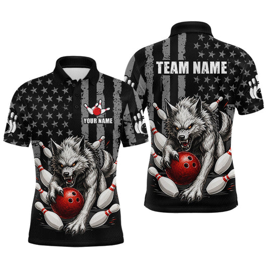 Maxcorners US Flag Wolf Bowling Shirts for Men Custom Wolf Bowling Team Jersey Bowling League LM2704