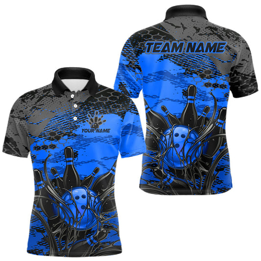 Maxcorners Custom Blue Splash Bowling Jersey for Men Bowling Team Shirts Bowling League Polo &1/4 Zip LM2306