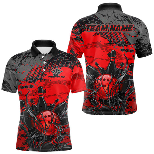Maxcorners Custom Red Splash Bowling Jersey for Men Bowling Team Shirts Bowling League Polo &1/4 Zip LM2306
