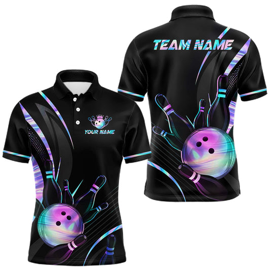 Maxcorners Custom Black and Holographic Bowling Jersey for Men Bowling Team Shirts Bowling League LM2306