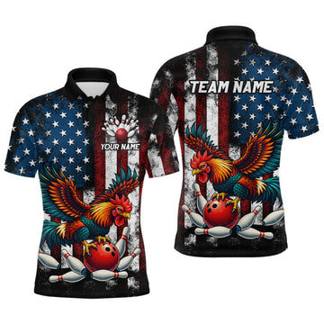 Maxcorners Custom Rooster US Flag Bowling Jersey for Men Bowling Team Shirts Bowling Polo & 1/4 Zip LM2603