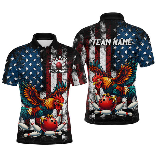 Maxcorners Custom Rooster US Flag Bowling Jersey for Men Bowling Team Shirts Bowling Polo & 1/4 Zip LM2603