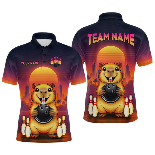 Maxcorners Custom Retro Capybara Bowling Jersey for Men Bowling Team Shirts Bowling Polo & 1/4 Zip LM2603
