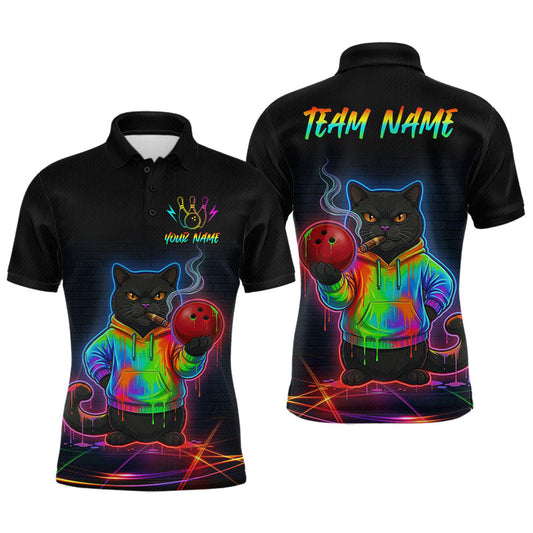 Maxcorners Custom Neon Black Cat Bowling Jersey for Men Funny Bowling League Bowling Team Shirts LM2704