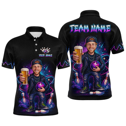 Maxcorners Custom Photo Funny Beer Galaxy Bowling Jersey for Men Bowling Team Shirts Polo & 1/4 Zip LM1705