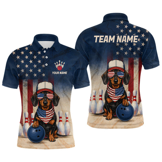 Maxcorners Custom US Flag Dachshund Dog Bowling Jersey for Men Bowling Uniform Bowling Team Shirts LM2806