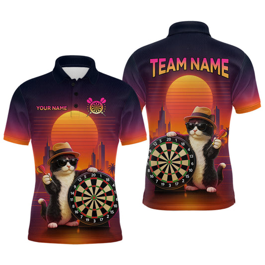 Maxcorners Funny Cat Retro Dart Shirts For Men Custom Dart Board Shirts Polo & 1/4 Zip Dart Jersey Team LM2901
