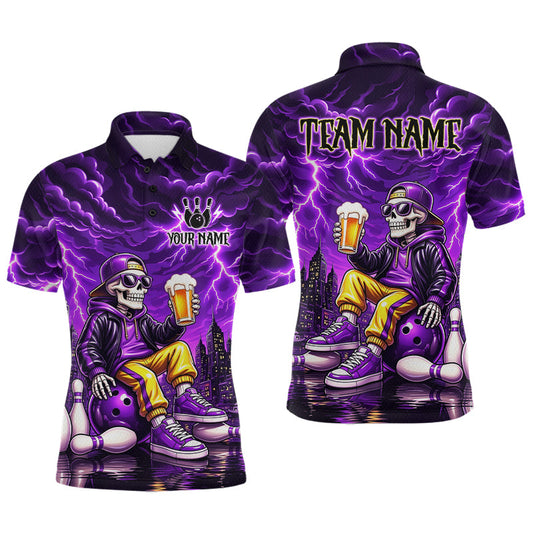 Maxcorners Custom Funny Beer Skull Purple Bowling Shirt for Men