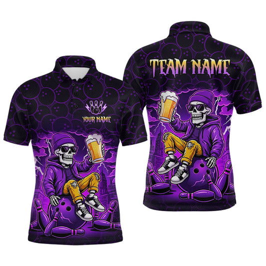 Maxcorners Custom Purple Funny Beer Skull Bowling Shirt for Men