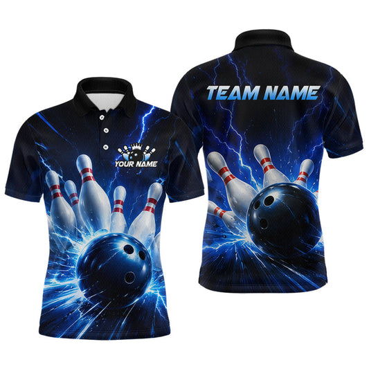 Maxcorners Custom Blue Thunder Bowling Jersey for Men Bowling Team Shirts Bowling League Polo & 1/4 Zip LM0706