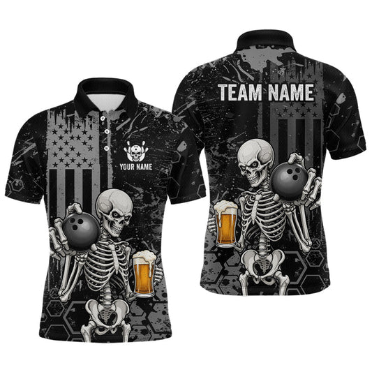 Maxcorners Custom US Flag Skeleton Beer Bowling Jersey for Men Bowling League Bowling Team Shirts