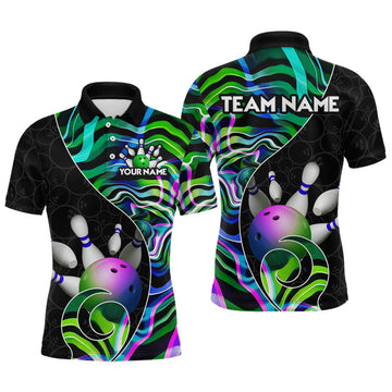 Maxcorners Custom Green Neon Wave Bowling Team Shirts, Strike Bowling Shirts For Men Bowling Jersey LM0208