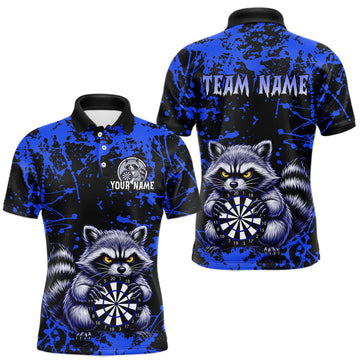 Maxcorners Custom Blue Raccoon Funny Dart Shirt Dart Team Jersey for Men Dartboard Polo & 1/4 Zip Shirts LM0208