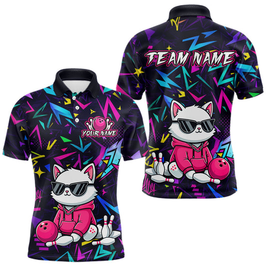 Maxcorners Custom Funny Pink Cat Bowling Jersey for Men Bowling Team Shirts Bowling League Polo & 1/4 Zip LM0706