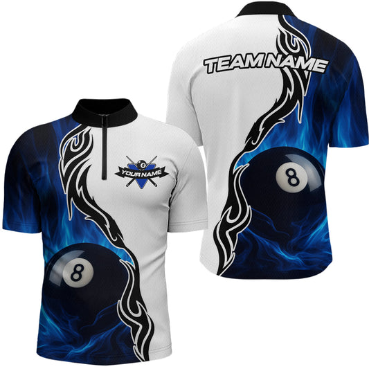 Maxcorners Custom Blue Flame 8 Ball Billiard Shirts for Men Billiard Team Shirts Billiard League Polo & 1/4 Zipper LM0412