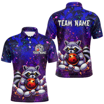 Maxcorners Custom Funny Raccoon Bowling Jersey for Men Bowling Tournament Polo & 1/4 Zip Bowling Team Shirts LM1202