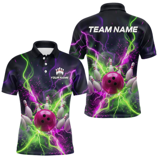 Maxcorners Custom Green Pink Thunder Bowling Jersey for Men Bowling League Bowling Team Shirts