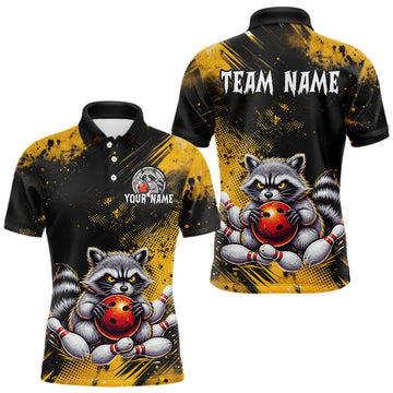 Maxcorners Yellow Funny Raccoon Custom Bowling Jersey for Men Bowling Team Shirts Bowling Polo & 1/4 Zip