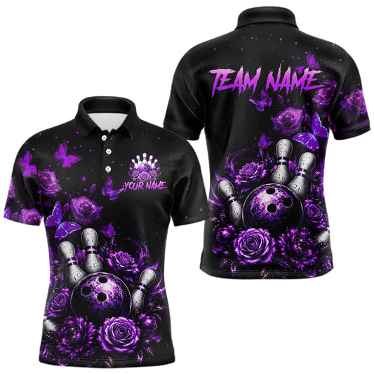 Maxcorners Custom Purple Rose and Butterfly Bowling Shirt for Men Bowling Team Shirts Bowling League