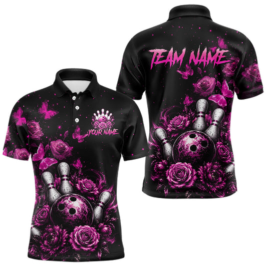 Maxcorners Custom Pink Rose and Butterfly Bowling Shirt for Men Bowling Team Shirts Bowling League LM2806