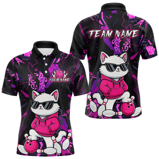 Maxcorners Custom Funny White Cat Bowling Jersey for Men Bowling Team Shirts Bowling League