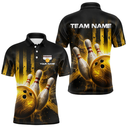 Maxcorners Custom Black and Gold Bowling Jersey for Men Bowling Team Shirts Bowling League Polo & 1/4 Zip LM2306