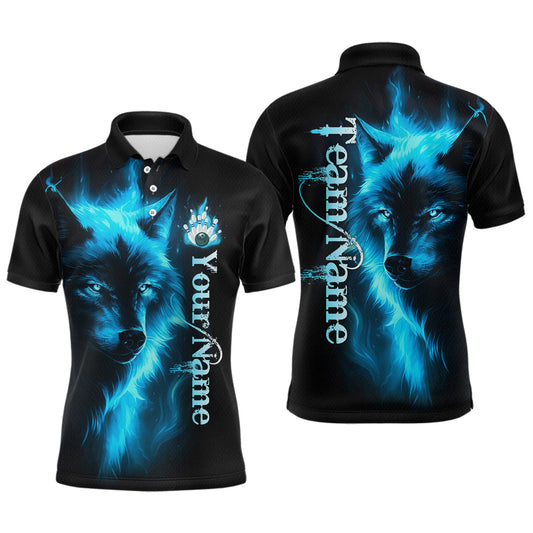 Maxcorners Custom Blue Flame Wolf Bowling Jersey for Men Polo & 1/4 Zip Bowling Team Shirts LM0404