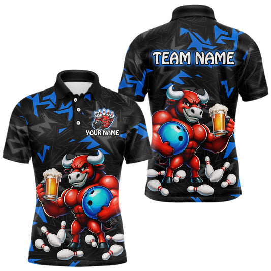 Maxcorners Custom Blue Beer Bull Funny Bowling Shirt for Men Bowling Team Shirts Bowling League