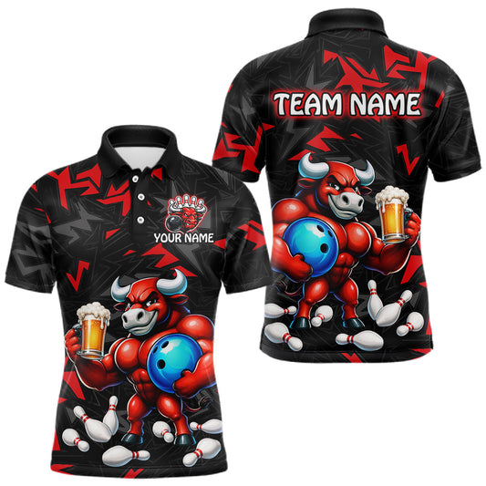 Maxcorners Custom Red Beer Bull Funny Bowling Shirt for Men Bowling Team Shirts Bowling League