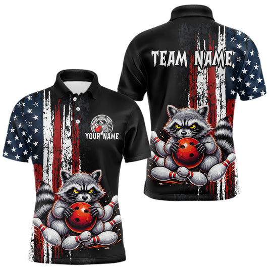 Maxcorners Custom Black US Flag Raccoon Bowling Shirt for Men Bowling League Bowling Team Shirts
