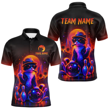 Maxcorners Custom Funny Cat Bowling Jersey for Men Bowling Tournament Polo & 1/4 Zip Bowling Team Shirts