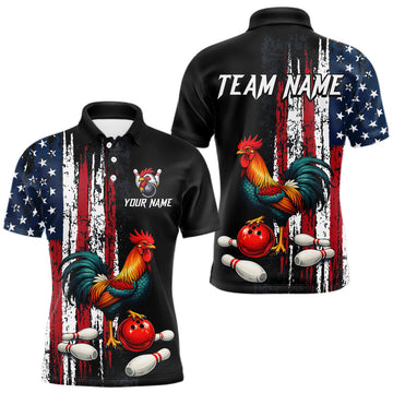 Maxcorners American Flag Rooster Bowling Jersey for Men Bowling Team Shirts Bowling Polo & 1/4 Zip