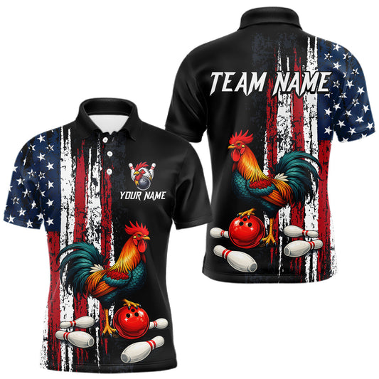 Maxcorners American Flag Rooster Bowling Jersey for Men Bowling Team Shirts Bowling Polo & 1/4 Zip