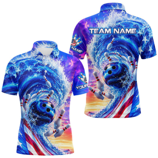 Maxcorners Custom American Wave Patriotic Bowling Jersey for Men Unisex Bowling Team Shirts Polo & 1/4 Zip LM2405