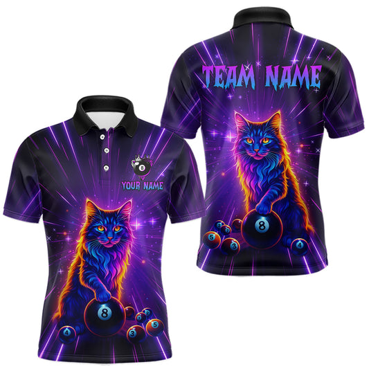 Maxcorners Personalized Funny Neon Cat 8 Ball Pool Men Billiard Polo & 1/4 Zip, Billiard Shirt, Billiard Team Jerseys LM2602