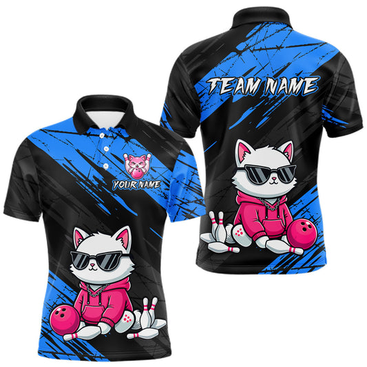 Maxcorners Custom Funny Blue Cat Bowling Jersey for Men Bowling Team Shirts Bowling Polo & 1/4 Zip LM2603
