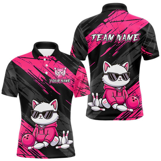 Maxcorners Custom Funny Pink Cat Bowling Jersey for Men Bowling Team Shirts Bowling Polo & 1/4 Zip LM2603