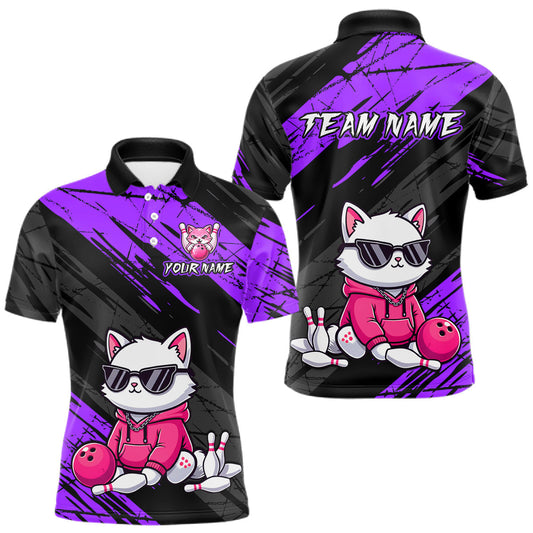 Maxcorners Custom Funny Purple Cat Bowling Jersey for Men Bowling Team Shirts Bowling Polo & 1/4 Zip LM2603