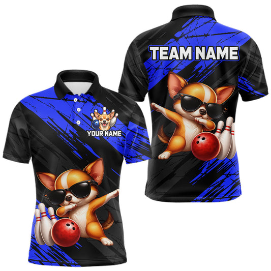 Maxcorners Custom Chihuahua Dog Blue Bowling Jersey for Men Bowling Uniform Bowling Team Shirts